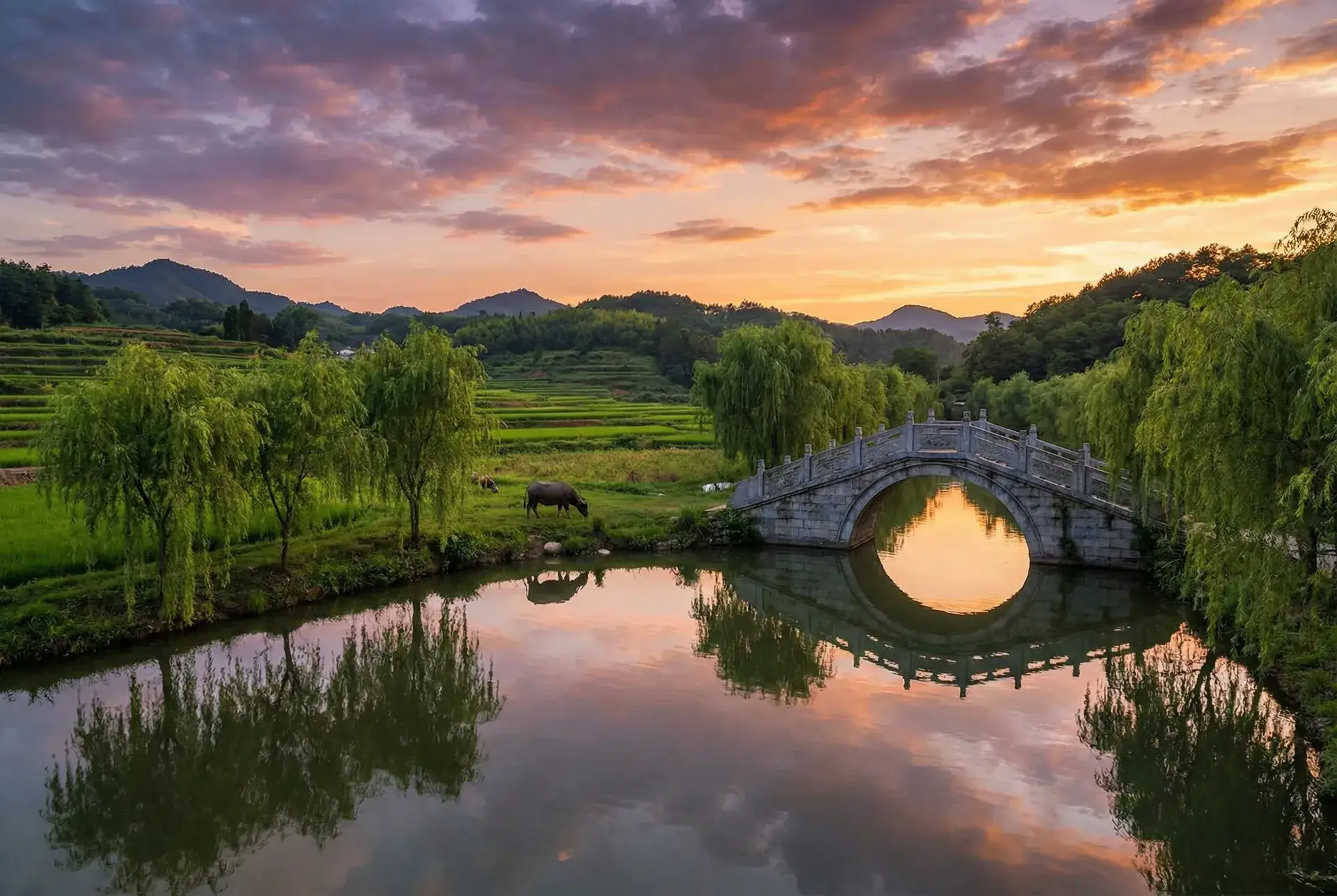 夕阳下的石拱桥与垂柳，水牛在河边吃草 - 致命愿望电视剧免费观看 乡村美景